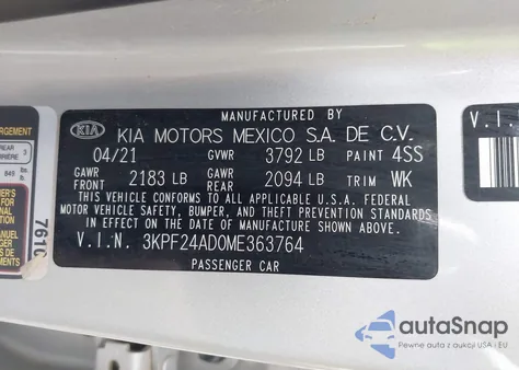 2021 Kia Forte Lxs из США, поврежденный, VIN 3KPF24AD0ME363764